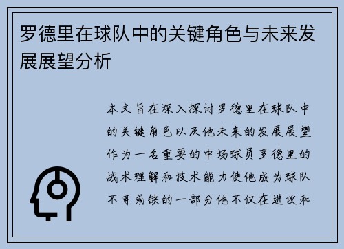 罗德里在球队中的关键角色与未来发展展望分析
